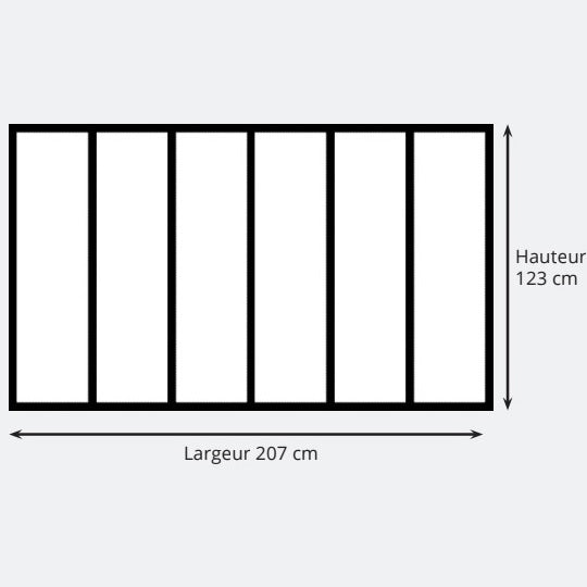 Aluminium-Innenglasdach, 6 Scheiben, L 207 x H 123 cm, Schwarz RAL 9005 FT, 4 mm dicke, mattierte Hartverglasung.