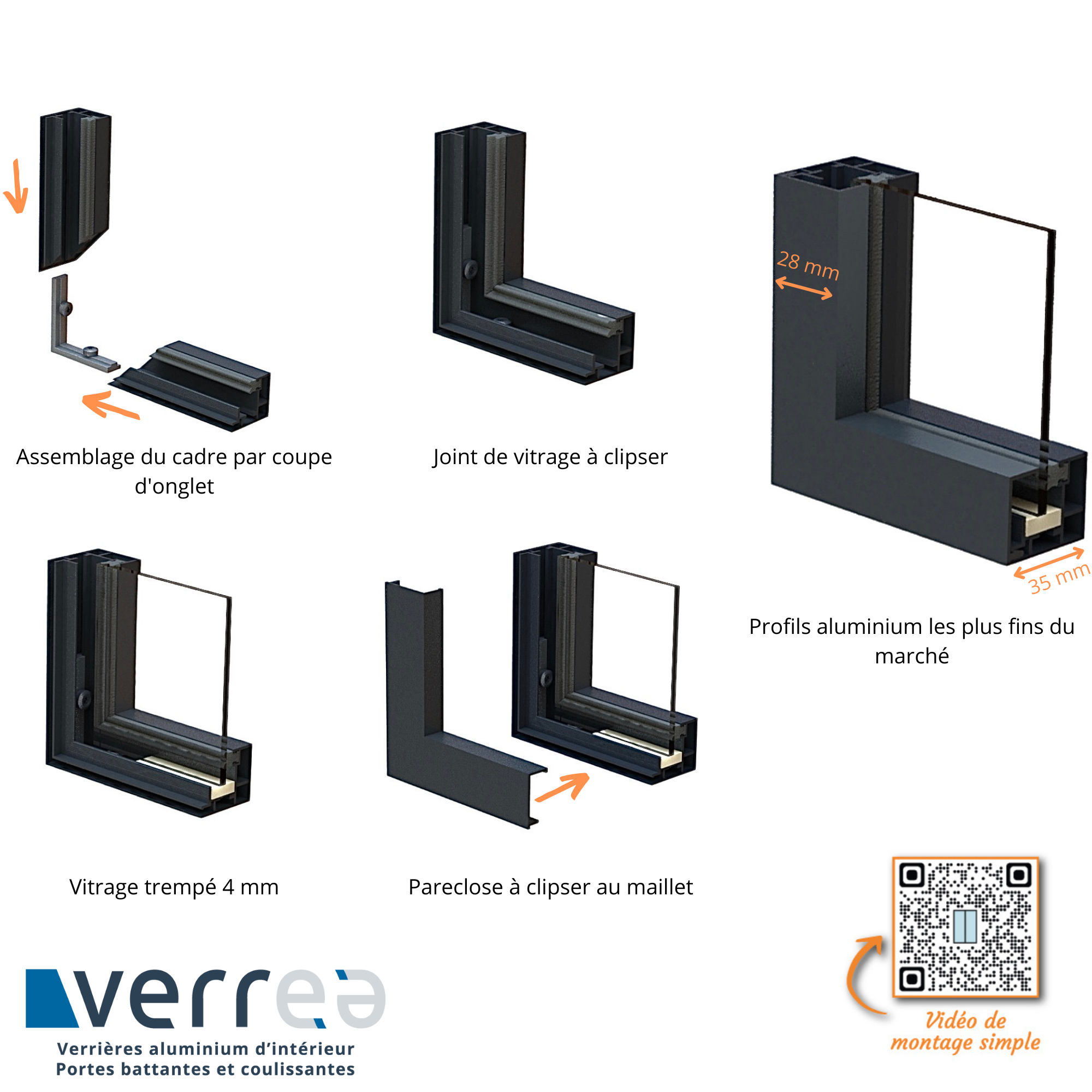 Aluminium-Innenglasdach, 6 Scheiben, L 207 x H 123 cm, Schwarz RAL 9005 FT, 4 mm dicke, mattierte Hartverglasung.