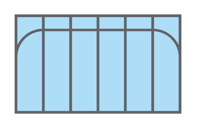 Verrière aluminium 6 vitrages clair, 2 arches et 4 traverses horizontales décorative
